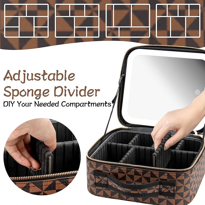 Makeup Travel Train Case with Mirror LED Light 3 Adjustable Brightness Cosmetic Bag Portable Storage Adjustable Partition Waterproof Makeup Brushes Makeup Jewelry Gift for Women