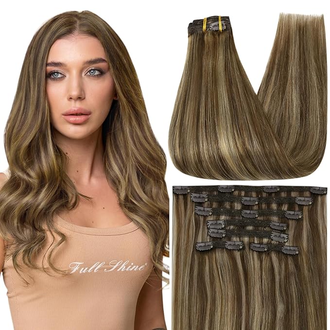 Full Shine Human Hair Extensions Brown Highlight Honey Blonde Hair Extensions Clip in Human Hair Remy Clip in Extensions Straight Hair Thick Hair 22 Inch 7 Pcs 120 G