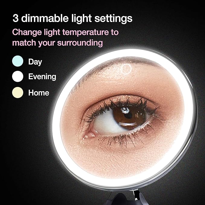 Fancii Rechargeable 10X Magnifying Makeup Mirror with 3 Light Settings - Large 8 inch Lighted Travel Vanity Mirror, Locking Suction Cup, 40pcs Dimmable LEDs, 12 Hours Battery Life - Luna 2