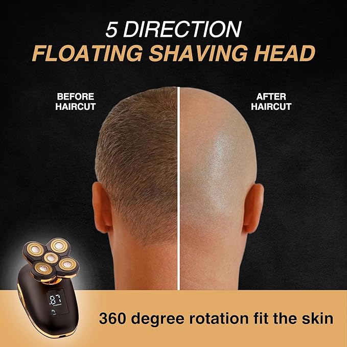 Asani 5 in 1 Electric Razor for Men and Women, USB Rechargeable and Waterproof Cordless Trimmer, Includes Rotating Bald Head Shaver, Nose Hair Trimmer, Beard Shaper, Silicone Brush, & Cleansing Brush