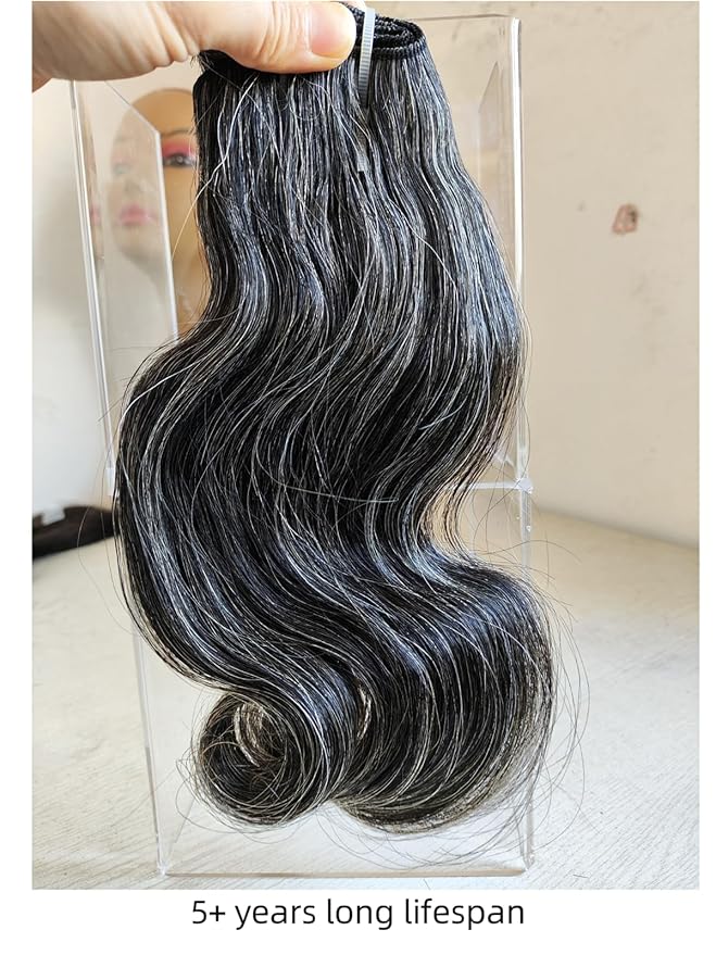 Raw Body Wave Salt and Pepper Gray Human Hair Bundles Unprocessed 8IN Short Grey Human Hair 1 Single Bundle, 5+ Years Long Lifespan 50% Grey Mixed 50% Black Color Virgin Hair Weave Weft by Clytie