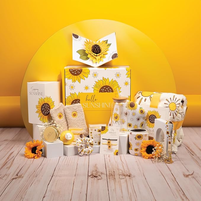 The Love Crate Co Sunflower Gifts for Women, 15pc Gift Box for Birthdays, Get Well Soon Basket, Thinking of You Care Package, Sunshine and Wellness Presents for Women.