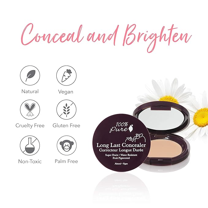 100% PURE Fruit Pigmented Long Last Compact Concealer, Creme, Full Coverage Concealer, Diminish Dark Circles (Light with Neutral Undertones) - 0.11oz