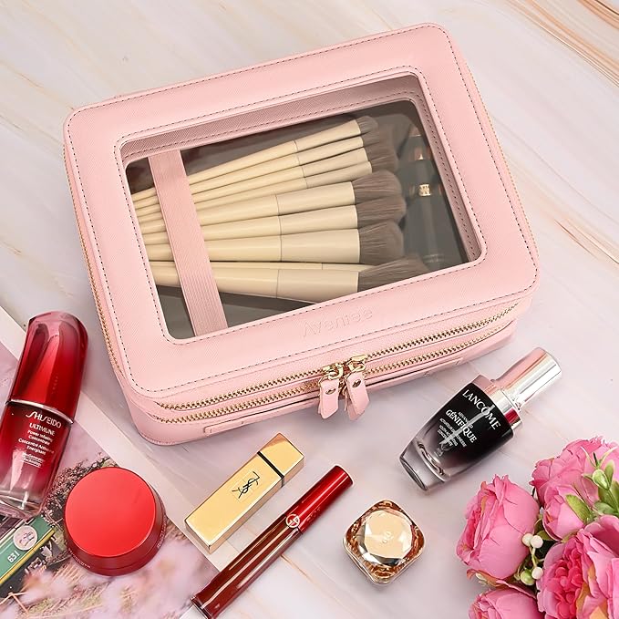 Aveniee Clear Makeup Bags, Double Layer Cosmetic Bags with a Separate Brush Compartment, Travel Toiletry Bag Train Case for Women, Travel Accessories Organizer for Purse(2 Layers Large,Pink)