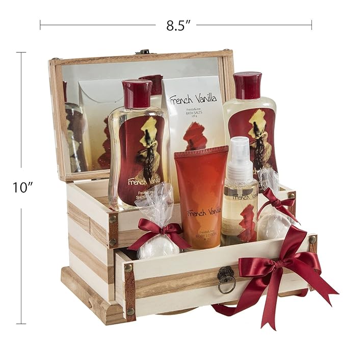 French Vanilla Bath Set Essential Bath and Body Basket: 2 Vanilla Bath Bombs, Body Lotion, Body Spray, Bath Salts, etc in a Wooden Jewelry Box Mother’s Day Gift for Mom