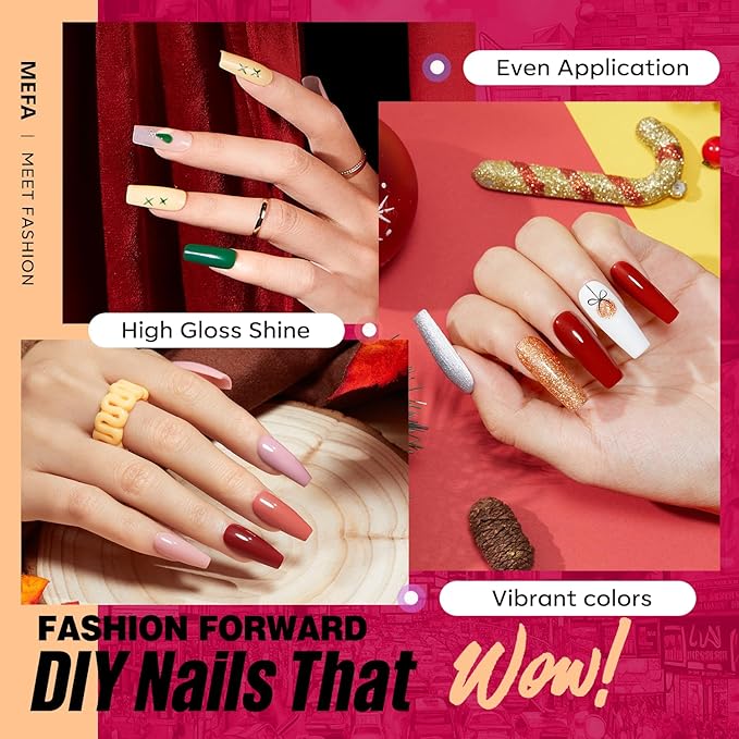 MEFA Gel Nail Polish Set, 32 Colors Burgundy Red Gel Polish Set Champagne Gold Glitter Nail Polish Gel Soak Off Dark Red Purple Shimmer Nude Brown Gel Nail Gifts for Women Girl DIY Salon Home Manicure