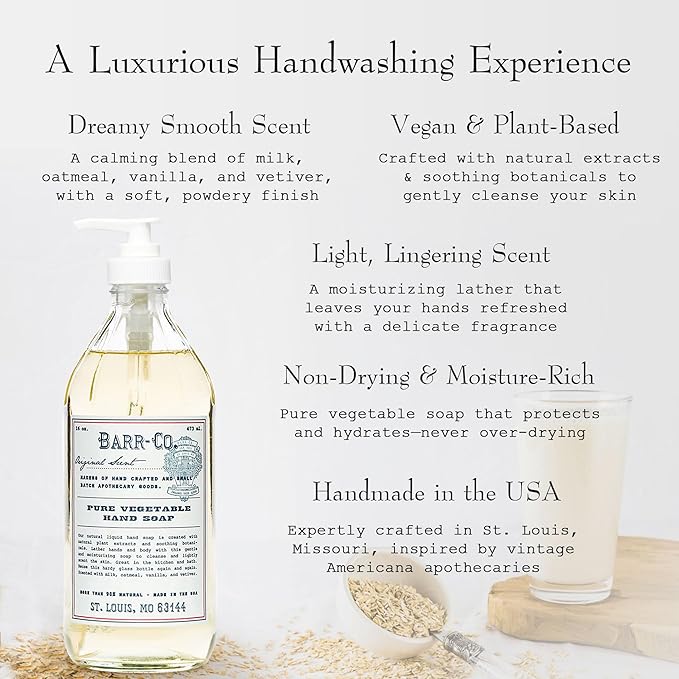 BARR-CO. Hand Soap – Natural Liquid Soap with Oat, Vanilla & Vetiver, Moisturizing Vegan Formula for Bathroom & Kitchen, Original Scent 16fl oz