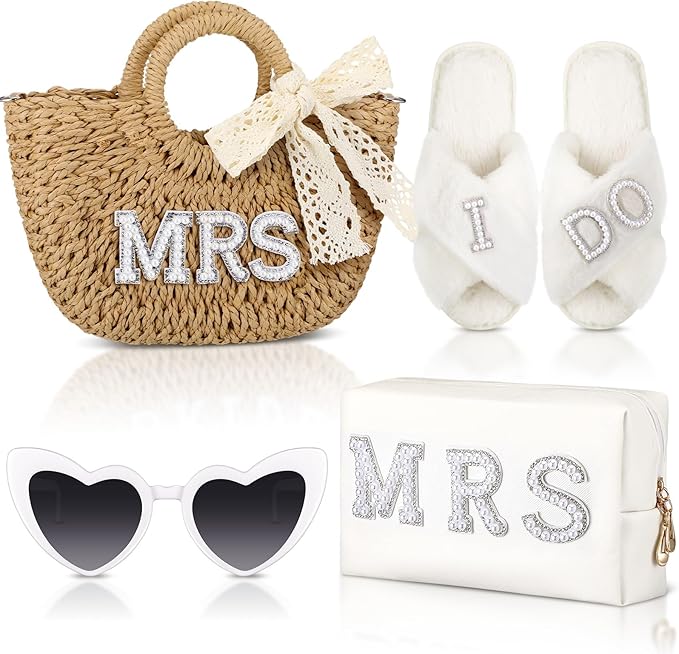 4 Pcs Bridal Shower Gift Set Include Handwoven Wedding Straw Purse Makeup Cosmetic Tote Bag Beach Bride Sunglasses Cross Band Women Slippers for Bridal Shower Bachelorette Party(Mrs)