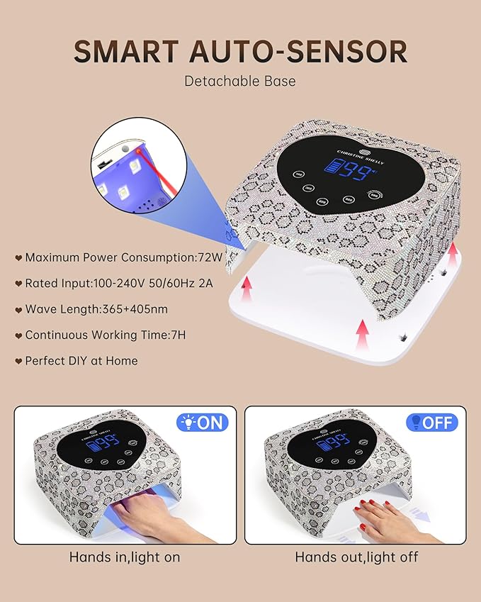 UV LED Nail Lamp 72W Rechargeable Sparkly Wireless Nail Dryer Gel Polish Light with 5 Timer Setting Professional Quick Dry Curing Lamp with Display Auto Sensor for Salon & Home
