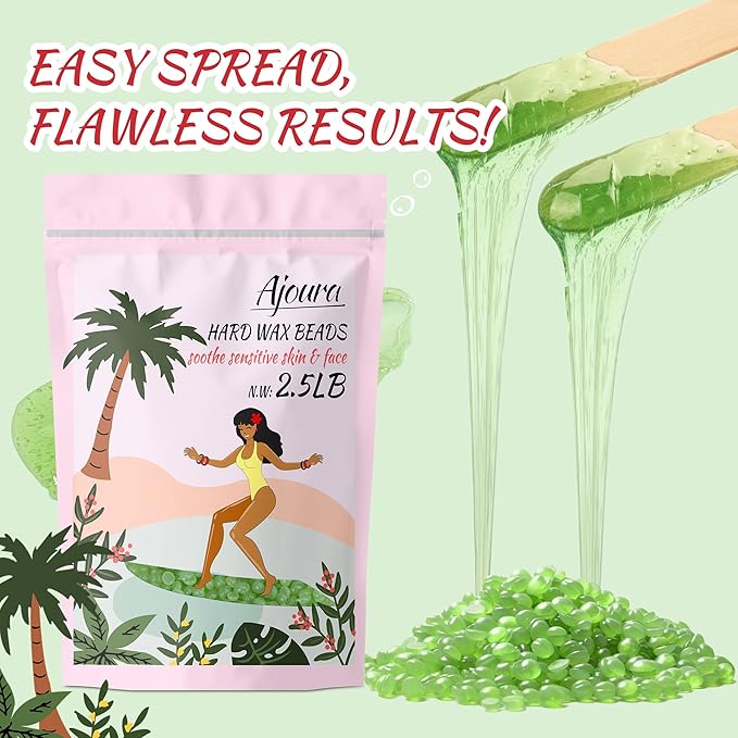 Ajoura 2.5LB Aloe Hard Wax Beads, Premium Wax for Sensitive Skin Hair Removal, Perfect for Full Body, Bikini, Face, Eyebrow, Back, Chest, Legs, Armpit, Big Pack Refill for Home & Salon Waxing (Green)