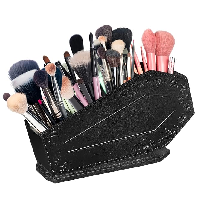 Maitys Coffin Makeup Brush Holder Gothic Wooden Organizer Spooky Coffin Case Gifts for Women Cosmetic Display Cases Spooky Home Office Pencil Brushes Organizer Bathroom Christmas Decor Accessories