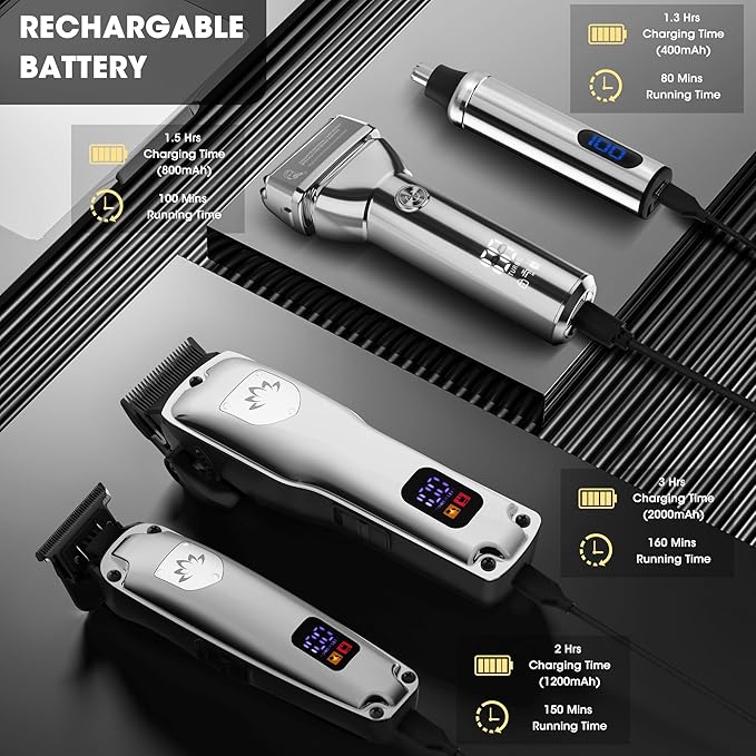 Karrte Professional Hair Clippers and Trimmer Set for Men, T-Shaper Trimmer & Foil Shaver, Nose & Ear Hair Trimmer, Cordless Clippers and Grooming Set, Hair Cutting Kit with LED Display Silver