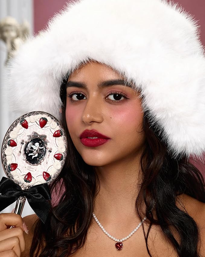 Flower Knows Strawberry Cupid Hand Mirror,Portable Vintage Handheld Mirror,Durable Metal Mirror,Cute & Aesthetic Princess Mirror,with Long Handle for Easy Holding,Gift for Girls(Milky Shake)