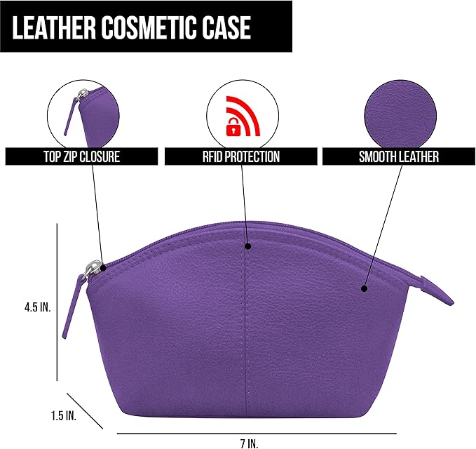 ili New York Genuine Leather Cosmetic Pouch – RFID Blocking, Leather Makeup Bag for Purse with Top Zip Closure & Interior Zip Pocket, Perfect as a Compact and Stylish Travel Cosmetic Bag