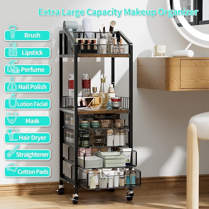 HapiRm Makeup Organizer Storage Cart - Floor Skincare Make Up Storage with 4 Drawers, Rolling Makeup Cart Vanity Organizer Cosmetics Display Cases Holder for Skin Care Perfume Nail Polish