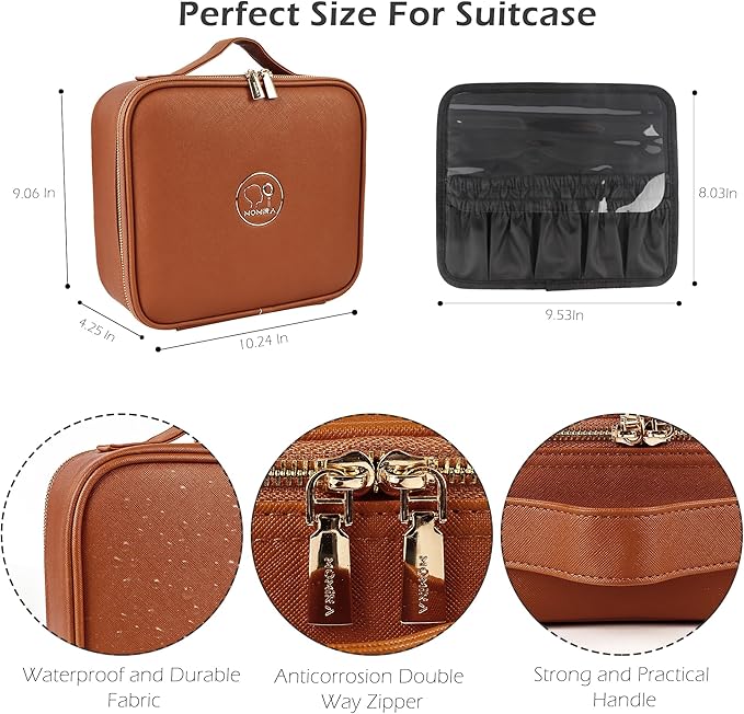 MOMIRA Travel Makeup Bag Cosmetic Bag Makeup Organizer Bag with Lighted Mirror, Adjustable Brightness in 3 Color Scenarios, Waterproof Makeup Train Case, Gift for Women - Tangerine Brown