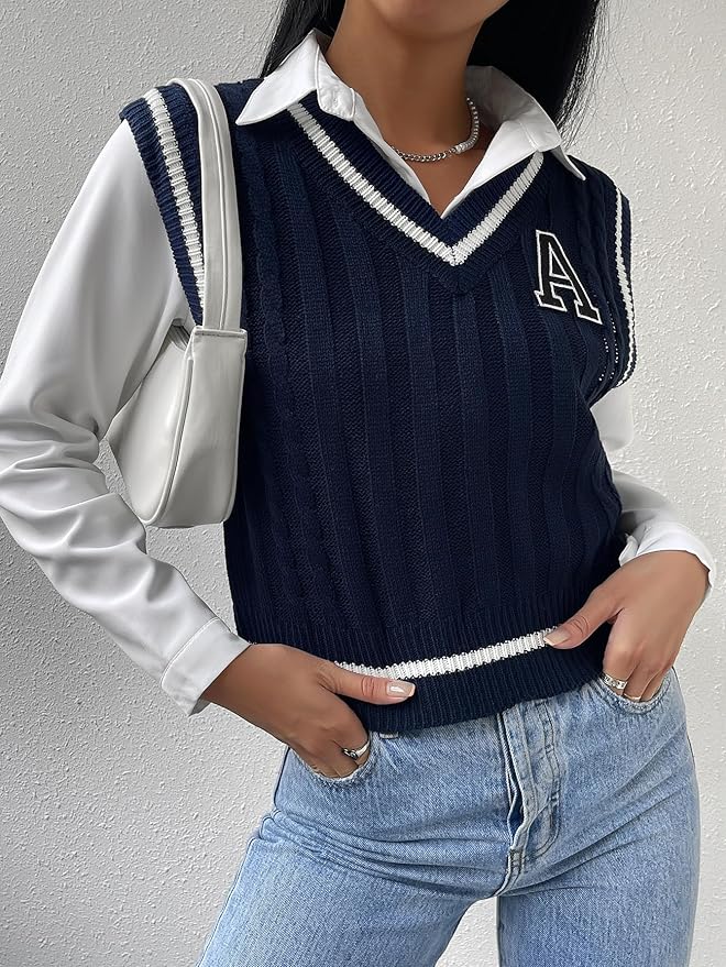 Floerns Women's V Neck Letter Striped Trim Sleeveless Sweater Vest Knit Top