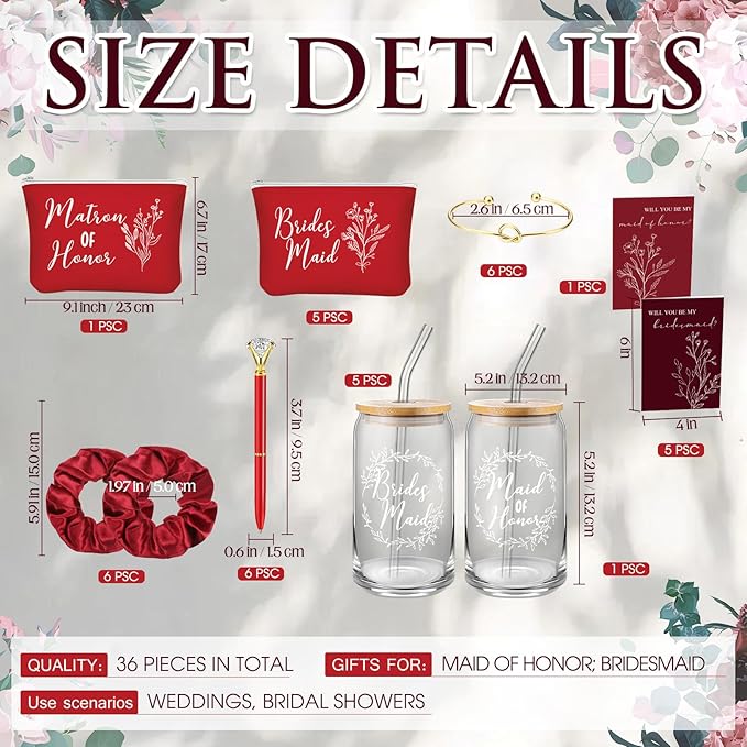 Irenare 36 Pcs Bridesmaid Proposal Gifts Bridal Shower Gifts 16 oz Glass Cup Cosmetic Makeup Bags Invited Cards Scrunchies Hair Knotted Bracelets Diamond Pens Favors for Wedding (Red)