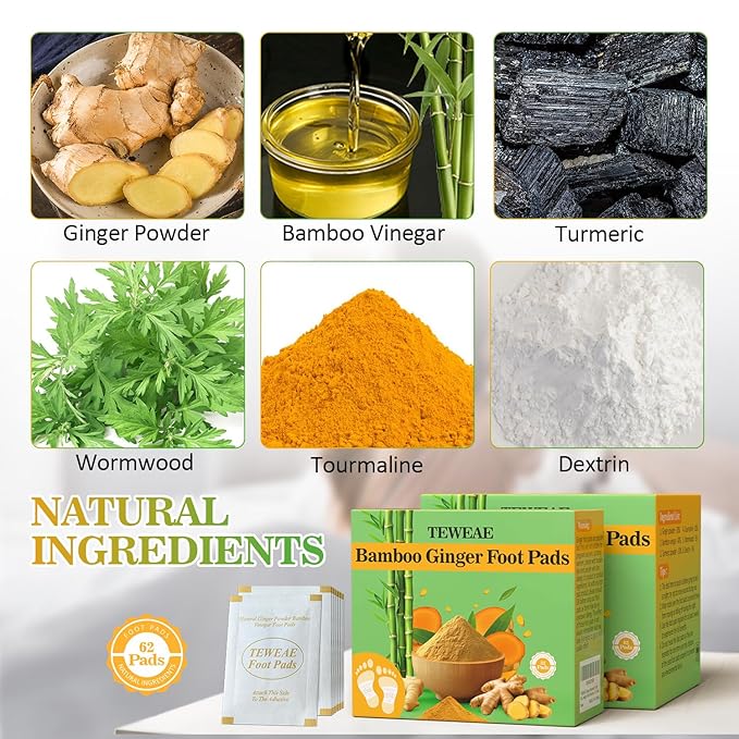 62 Pads Turmeric & Ginger Foot Pads, Pure Natural, Bigger Adhesive, Breathable Sheet Foot Pad with Wormwood, Bamboo Vinegar for Men & Women