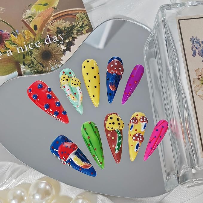 Almond Press on Nails Handmade Medium Long/Stiletto 3D Flower Fake Nail with Designs, Women Reusable False Nails (Stiletto Colorful, L)