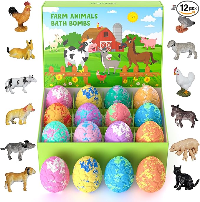 Kids Bath Bombs with Surprise Inside for Girls Boys Toddlers, 12 Pack Organic Bath Bombs for Kids with Farm Animals Toys Inside, Safe Handmade Bubble Bath Fizzy Dino Bath Bomb Easter Birthday Gift