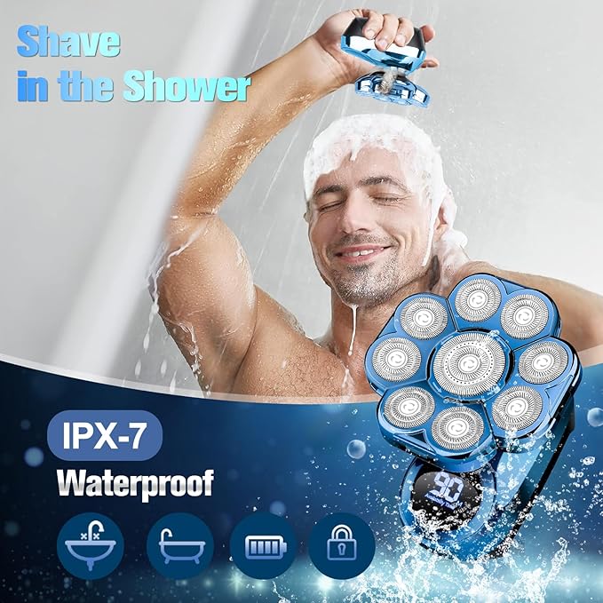 9D Head Shavers for Bald Men, Electric Shaver for Men,6 in 1 Mens Grooming Kit with Nose Hair Trimmer, Beard Trimmer,Waterproof Wet/Dry Rotary Shaver,Gift for Father, Husband, Boyfriend（Blue）