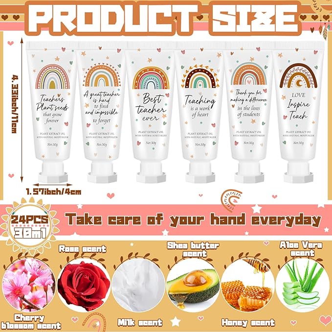 24 Pcs Teacher Appreciation Hand Cream Gifts Boho Rainbow Graduation End the Year Thank You Teacher Gifts for Women Travel Size Hand Cream Christmas Moisturizing Hnad Lotion