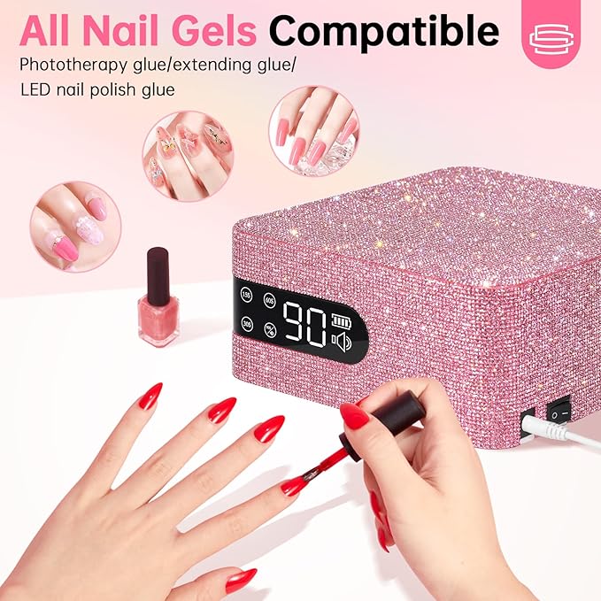 UV LED 96W Nail Lamp Professional Nail Dryer Sparkly Gel Polish Light with 4 Timer Setting Quick Dry Curing Lamp with Display Auto Sensor for Salon & Home Pink Diamond