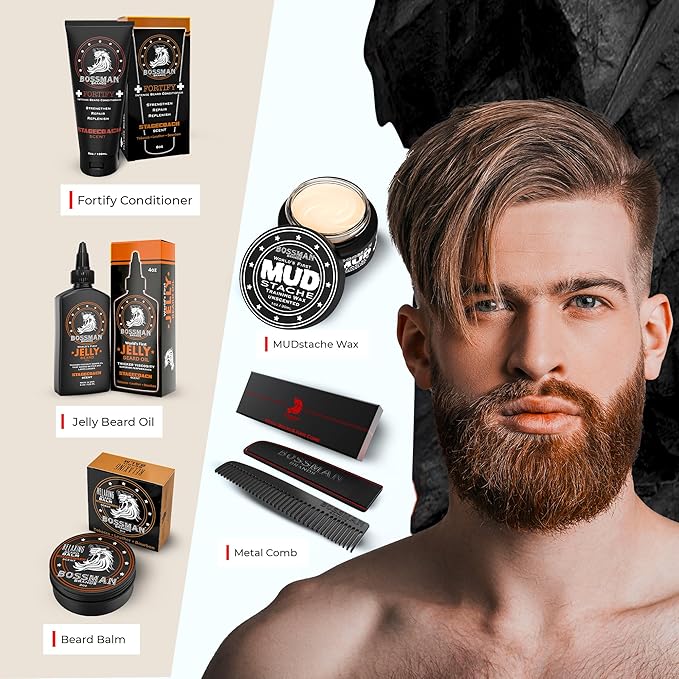 Bossman Complete Beard Kit – Men's Beard Oil Jelly, Fortifying Shower Conditioner, Balm, Mustache Wax & Comb – Beard Softener & Grooming Care (Stagecoach Scent)