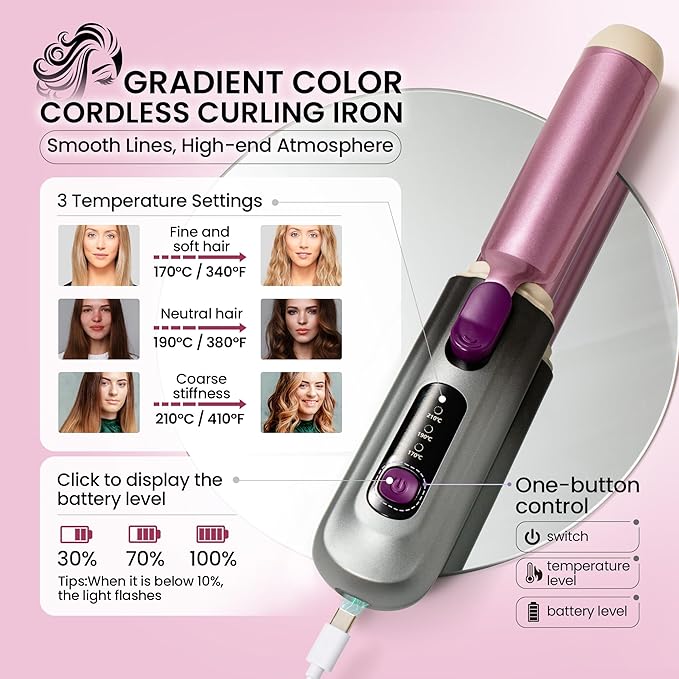 Cordless Curling Iron, Smofrees 8000mAh USB Rechargeable Travel Curling Wand with Protective Cover, 32MM Portable Curling Iron with 100 Million Negative Ion, 3 Temperature Settings, Gradient Gray