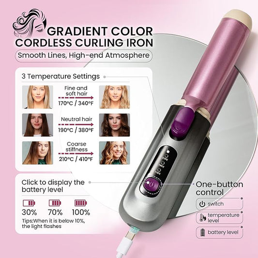 Cordless Curling Iron, Smofrees 8000mAh USB Rechargeable Travel Curling Wand with Protective Cover, 32MM Portable Curling Iron with 100 Million Negative Ion, 3 Temperature Settings, Gradient Gray