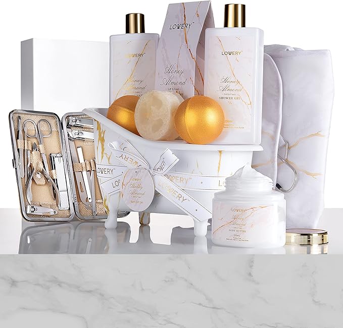 Mothers Day Gifts for Mom, Gift Basket, Spa Gifts For Women, 31Pc Self Care Kit, Stress Relief Gift, Birthday, Thank You, Honey Almond Bath and Body Gift - Toiletry Bag, Nail Kit, Bath Bombs & More