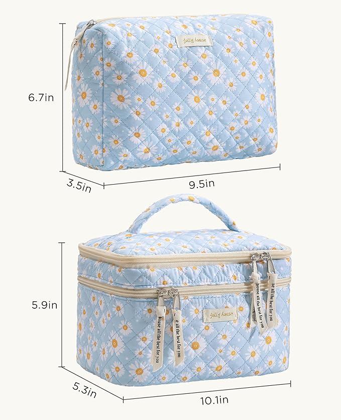 HBselect 2Pcs Travel Makeup Bag, Large Cotton Quilted Makeup Bag Cosmetic Bag Cute Make up Bag Toiletry Bags for Women Girls