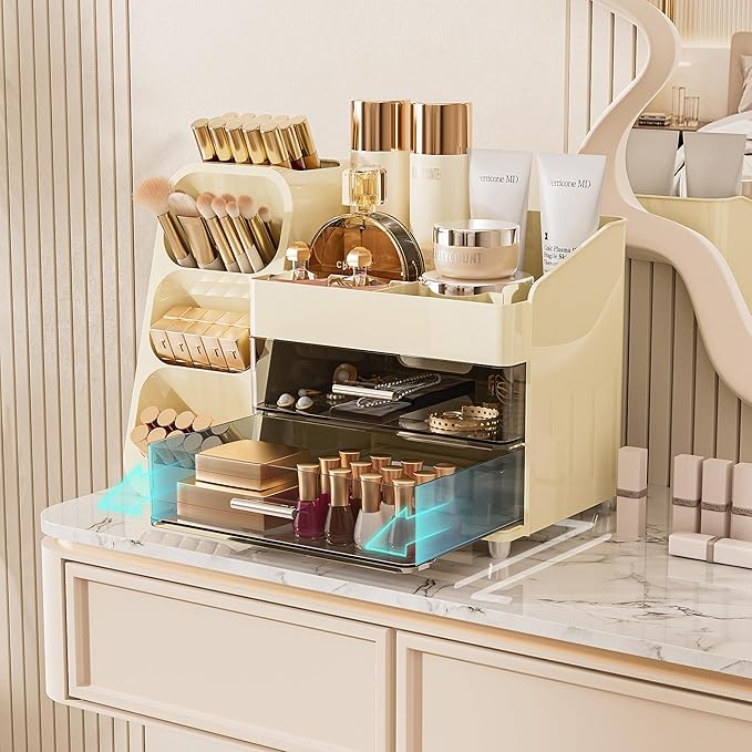Delamu Makeup Organizer with Drawers for Vanity, Spacious Cosmetic Display Case with Makeup Brush Holder, Perfect Vanity Bathroom Organizer and Storage Solution for Skincare & Beauty Essentials, Beige