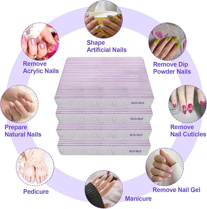 80/80 Grit Nail Files (100 Pack), Heavy Coarse Emery Boards for Acrylic Nails and Gel Nails, 80 Grits Double Sided Nail File Emory Professional Nail Filer Reusable Washable Manicure Square Gray