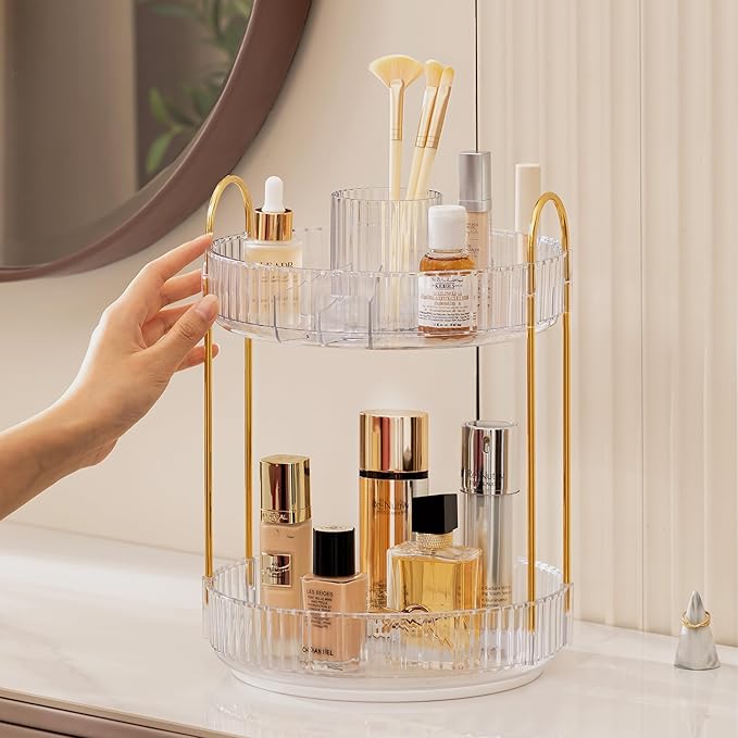 HBlife 360 Rotating Makeup Organizer, 2 Tier Perfume Organizer Skincare Organizer Large Capacity Cosmetic Storage for Bathroom, Vanity, Countertop, Clear