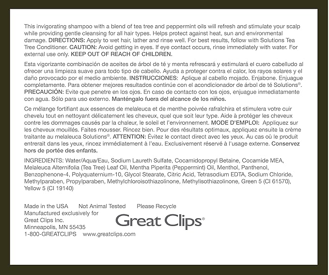 GREAT CLIPS Solutions Tea Tree Shampoo 12 fl oz | Natural Dry Scalp & Dandruff Treatment with Invigorating Essential Oils | Nourish and Stimulate Scalp | For All Hair Types