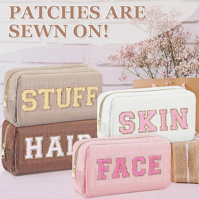 4 Pcs Travel Toiletry Bags for Women Preppy Makeup Bags Organizer Face Skin Hair Stuff Chenille Letter Pouch with Zipper Aesthetic Corduroy Skin care Hair Bag for Women Gifts