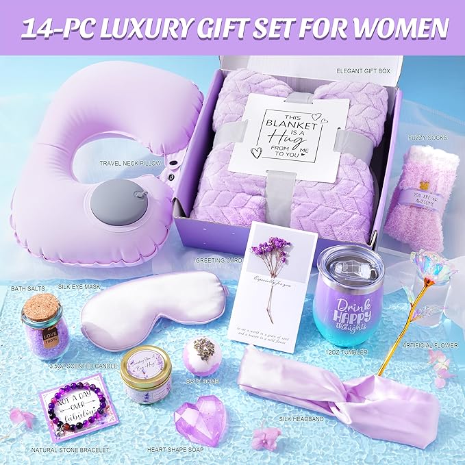 LUCOTIYA Birthday Gifts for Women, Self Care Gifts for Women Get Well Soon Gifts Basket, Lavender Relaxing Spa Gift Basket, Unique for Mom, Friends, Sister, Grandma
