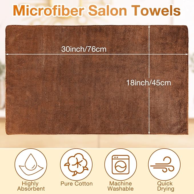 Newwiee 72 Pack Microfiber Bleach Proof Towels Bulk for Salon 18 x 30 Inch Dry Lint Free Hair Drying Hand Towels for Hair, Gym, Bath, Spa, Shaving, Barber(Brown)
