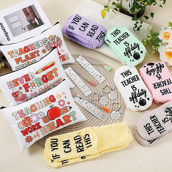 Paterr 24 Pcs Teacher Appreciation Gifts Set End of Year Gifts for Women Bulk Including Socks Makeup Bags Keychain Metal Bookmark for Graduation Birthday(Heart Teaching,Fleece)