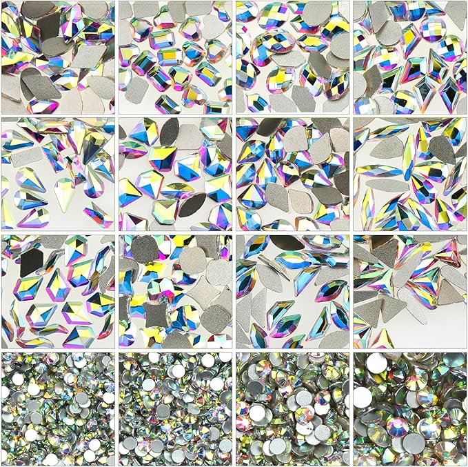 8280 Pcs AB Nail Rhinestones Crystals Multi Shapes Sizes AB Flatback Nail Glass Gems Diamonds for Nail Art Manicure DIY Crafts Jewelry Accessories