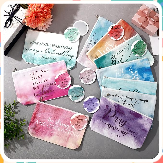 Reginary 20 Sets Christian Gifts for Women Include 20 Religious Canvas Makeup Bags with 20 Bible Verse Compact Mirrors Mother's Day Inspirational Birthday Gift for Mom (Watercolor,Classic Style)