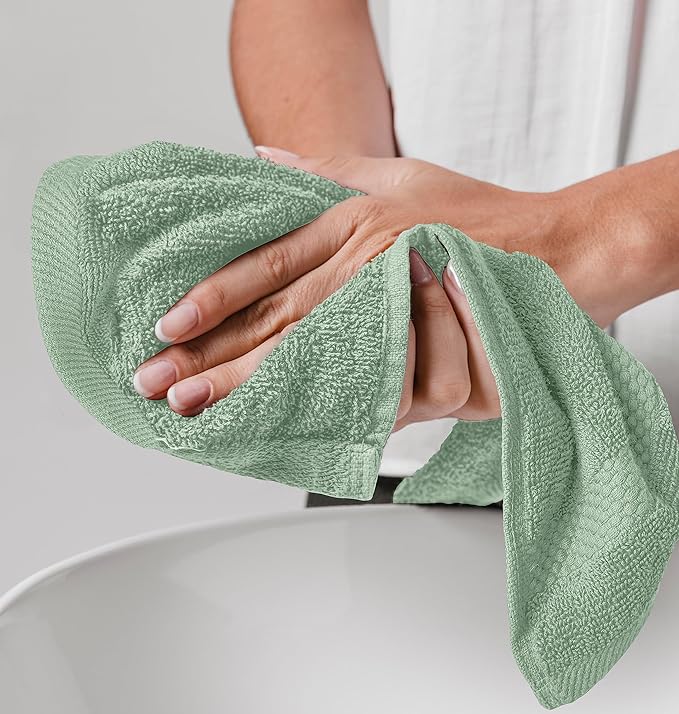 White Classic Luxury Washcloths for Bathroom-Hotel-Spa-Kitchen-Set - Circlet Egyptian Cotton - Highly Absorbent Hotel Quality Face Towels - Bulk Set of 12-13x13 Inch (Lt Green)