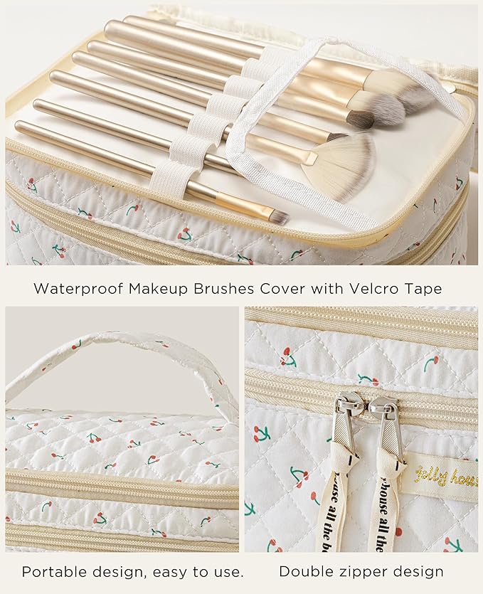 HBselect 2Pcs Travel Makeup Bag, Large Cotton Quilted Makeup Bag Cosmetic Bag Cute Make up Bag Toiletry Bags for Women Girls