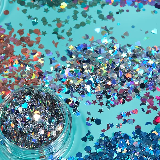 Holographic Glitter Shapes by Moon Glitter – 100% Cosmetic Glitter for Face, Body, Nails, Hair and Lips - 0.10oz - Set of 8 colours