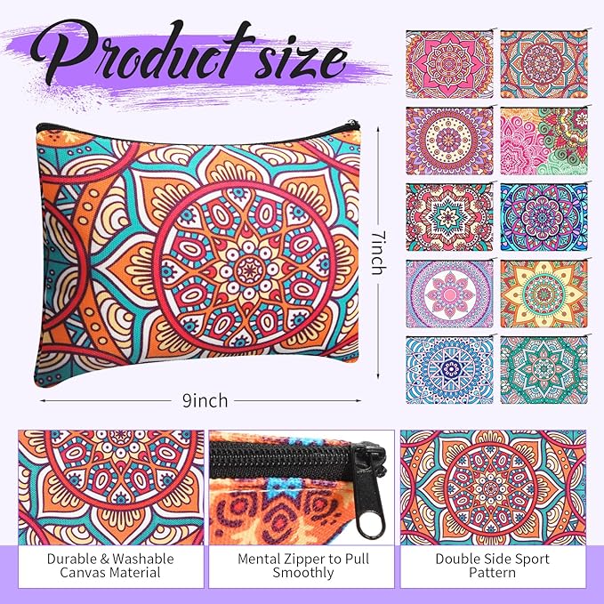 Eccliy 20 Pcs Mandala Makeup Bag Cosmetic Bag Canvas Gifts Colorful Mandala Themed Accessories for Girls Toiletry Pouch with Zipper for Women Party Shopping Home Travel, 9 x 7 Inch