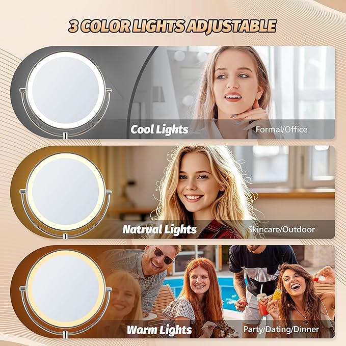 15X Magnifying Mirror with Light: 9 inch Lighted Makeup Mirror, 360Rotation Touch Screen Rechargeable, Double Sided LED Vanity Mirror, Brushed Nickel