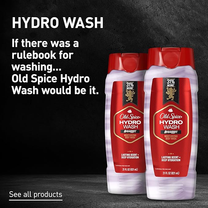Old Spice Moisturizing Body Wash for Men, Hydro Wash, 2-in-1 Long Lasting Scent & Deep Hydration, 24/7 Shower Fresh, Swagger Scent, 21 oz (Pack of 4)