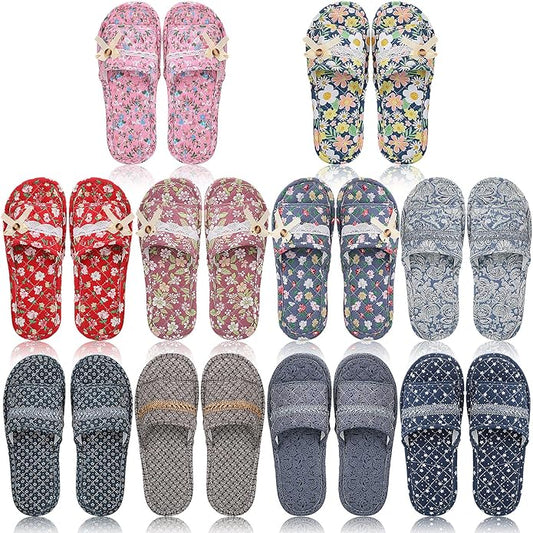 Chuarry 10 Pairs Floral Cotton House Slippers for Guest Women Washable Indoor Cotton Slippers Open Toe for Hotel Travel Airplane Spa, 2 Sizes